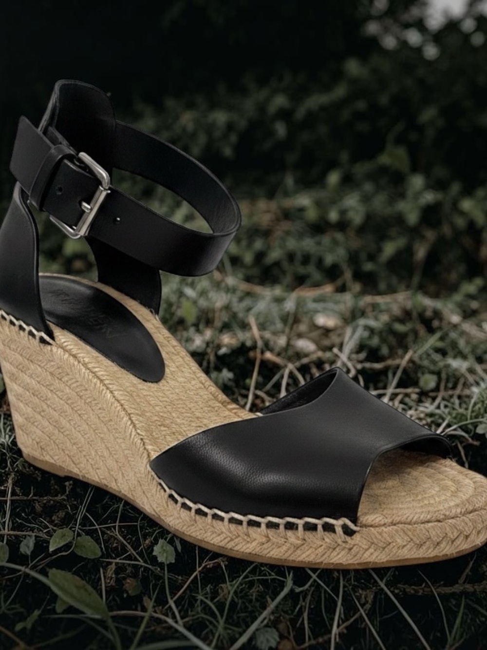 Vince Black Leather Espadrille Wedge Sandals with Ankle Buckle